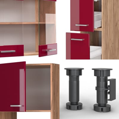 Vicco R-Line Complete keukeneenheid – 350 cm met hoge kast, zonder werkblad Rood hoogglans/gouden eik