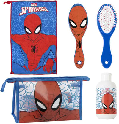 Spiderman Verzorgingsset Jongens - Toilettas met Handdoek Haarborstel en Flesje - Officieel Gelicenseerd