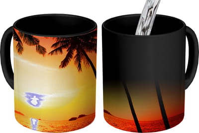 Magische Mok - Foto op Warmte Mokken - Koffiemok - Palmboom - Zonsondergang - Strand - Oranje - Tropisch - Magic Mok - Beker - 350 ML - Theemok