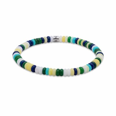 7FB-0805 – Frank 1967 – Heren Armband – Kralenarmband – Lichtblauw, Donkerblauw, Groen & Geel – Zilverkleurig