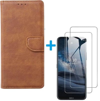 Bookcase Geschikt voor: Nokia 8.3 - Bruin - portemonee hoesje met 2 stuks Glas Screen protector