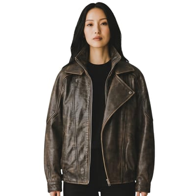 Dames bruine koeienleer Big Bomber Biker Blouson Oversized Jas - Krakau