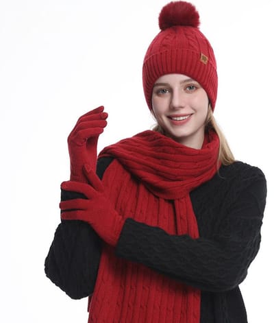 Winterwarme set van 3 - Muts, sjaal, handschoenen - Hoofdomtrek muts 54-60 cm - Muts 22 x 27 cm - Sjaal 26 x 180 cm - Handschoenen 23 x 9 cm - Oorwarmers voor op de fiets - Warmteproducten - Herfst- en winterproducten