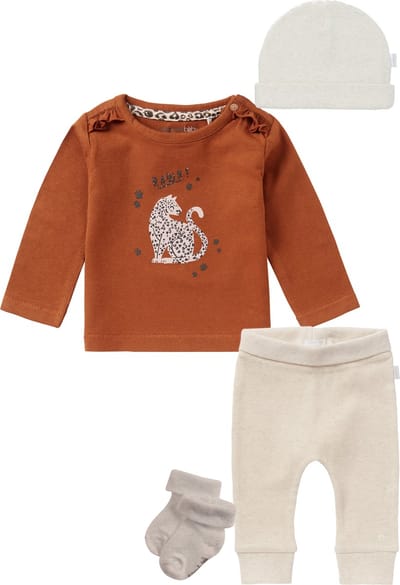 Noppies - Kledingset - 4delig - Broek Naura Oatmeal - Shirt Roedtan Rust - Mutsje Nevel - sokjes - Maat 56