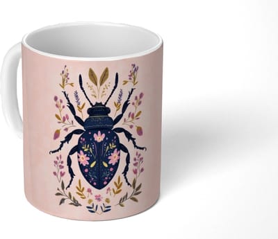 Mok - Koffiemok - Donkerblauw - Kever - Bloemtakken - Sierlijk - Mokken - 350 ML - Beker - Koffiemokken - Theemok