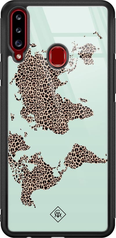 Casimoda® hoesje - Geschikt voor Samsung Galaxy A20s - Wereldkaart blauw luipaard - Luxe Hard Case Zwart - Backcover telefoonhoesje - Blauw
