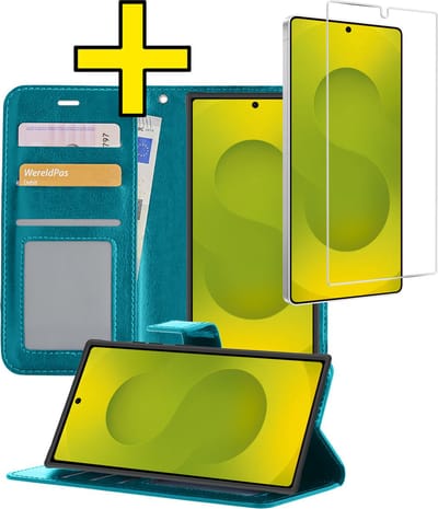 Hoesje - Met Screenprotector - Geschikt voor Samsung Galaxy S25 Ultra - Luxe Pasjeshouder - Bookcase Portemonee - Flip Case - Kunstleer Book Case - Flipcase - Book Cover - Walletcase - Portemonneehoes - Telefoonhoesjes - Turquoise