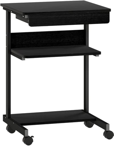 Verrijdbaar bureau met lade - Compact computerbureau op wielen - Met opbergruimte - 56x51 cm - Zwart