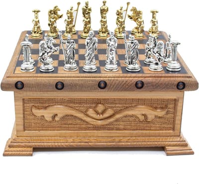 Houten Schaakset - Handgemaakte Kist - Strategisch Spel - Verborgen Sleutel - 24 x 24 cm - Bruin