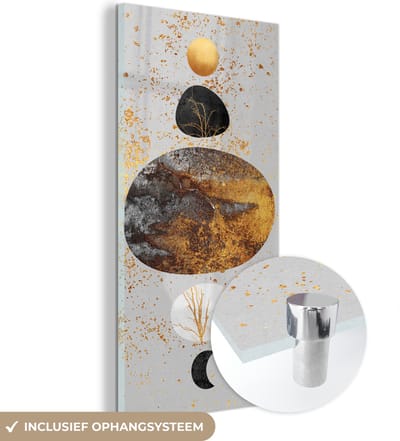 MuchoWow® Glasschilderij 60x120 cm - Schilderij acrylglas - Abstract - Ruimte - Goud - Foto op glas - Schilderijen