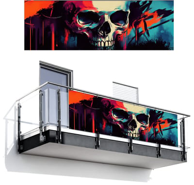 Balkonscherm 300x100 cm - Balkonposter Schedel - Abstract - Rood - Blauw - Graffiti - Balkon scherm decoratie - Balkonschermen - Balkondoek zonnescherm