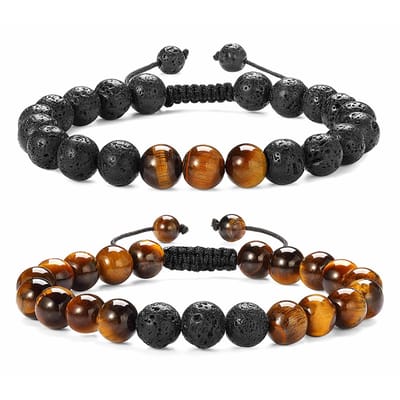 Bixorp Gems Set van twee Tijgeroog / Lavasteen Armbanden - Edelsteen Kralenarmband - Verstelbaar
