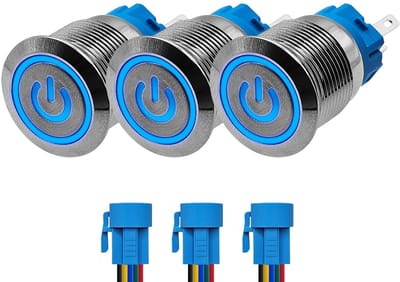 ProRide Drukschakelaar ON-OFF 12V/24V - 19mm Metaal - Waterdicht - LED Blauw - Met Kabels - 3 stuks