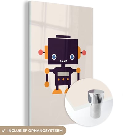 MuchoWow® Glasschilderij 120x180 cm - Schilderij acrylglas - Robot - Antenne - Oranje - Beige - Kind - Kids - Foto op glas - Schilderijen
