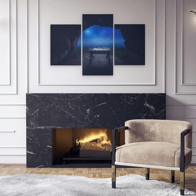 Artaza Canvas Schilderij Drieluik Kribbe in een Grot onder de Ster Van Bethlehem - 90x60 - Foto Op Canvas - Canvas Print