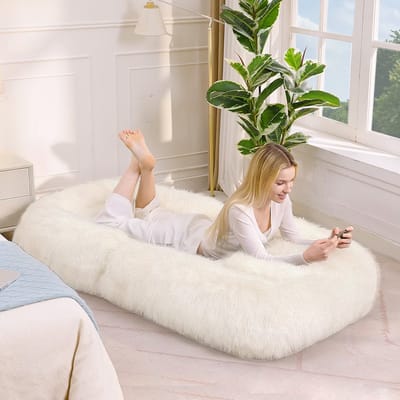 Gutent Hondenbed voor mensen, luie bank, 5-traps verstelbare vloerstoel voor gaming, pluche, beige