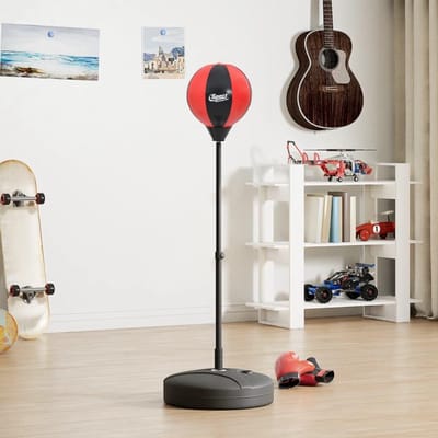 Boksbal met standaard - Training bal - Stress verlichting - In hoogte verstelbaar - 81-122 cm - Rood zwart oranje