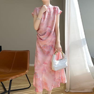 Retro Nieuwe Chinese Stijl Zijde Katoen Jurk voor Dames met Hoogwaardige Opstaande Kraag Knopen Chinese Stijl Bedrukt Halflange Basis Lange Rok M gray