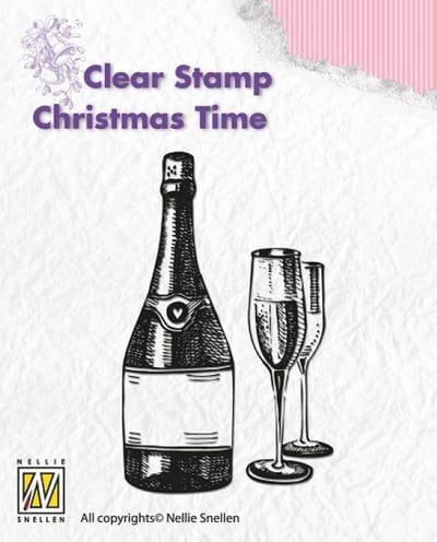 CT007 Happy New Year clearstamp - Nellie Snellen - wijn champagne proosten glas fles - stempel kerst feest