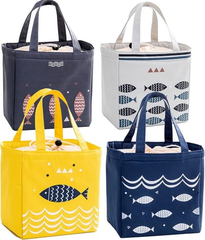 Geïsoleerde Lunchtas met Trekkoord – 4 stuks – BPA-vrij, herbruikbaar, waterdicht – voor werk, picknick en reizen