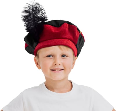 Funny Fashion Luxe pietenmuts/baret - rood/zwart - voor kinderen - Pietenbaret - Sint en Piet verkleedaccessoire