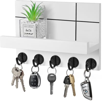 Dailygoods- Sleutelhanger Wand - Decoratieve Sleutelhanger - Wandrek met Plank - 5 Haakjes - Houten Sleutelkast - Multifunctioneel Ontwerp