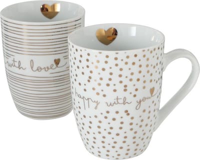 koffietas / theetas tas met tekst with love / happy with you . Wit / goudkleur . Set van 2 stuks