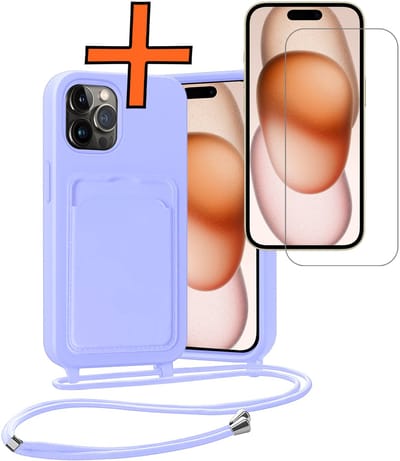 Hoesje Geschikt voor iPhone 14 Pro Hoesje Met Telefoonketting Pasjeshouder Case Met Screenprotector Koord - Hoesje Geschikt voor iPhone 14 Pro Hoes Met Kaarthouder - Lila