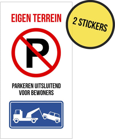 Pictogram/ stickers (2x) | "Eigen terrein - Parkeren uitsluitend voor bewoners" | 20 x 40 cm | Residentieel | Privé eigendom | Appartementsgebouw | 2 stuks