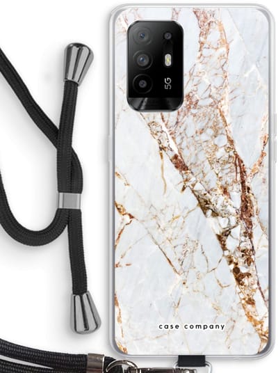 Case Company® - Hoesje met koord geschikt voor Oppo A94 5G hoesje met Koord - Goud marmer - Telefoonhoesje met Zwart Koord - Bescherming aan alle Kanten en Over de Schermrand