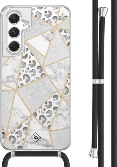 Casimoda® hoesje met koord - Geschikt voor Samsung A54 - Stone & Leopard - Afneembaar koord - TPU/acryl - Grijs