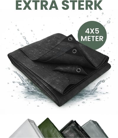 STACK® Extra Sterk Afdekzeil - 4x5m - Zwart - 150G/M2 - Waterdicht Bouwzeil & Zeildoek - Zeil Met Ringen - Beschermhoes & Afdekhoes voor Zwembad,Tuin Set,Motor,Scooter,Fietsen,Aanhangwagen,Scootmobiel,BBQ accesoires - Auto Hoes Bescherming