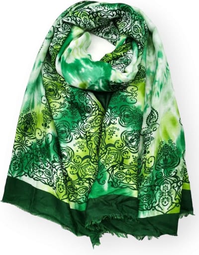 Lange dames sjaal Rachel fantasiemotief groen wit lime smaragd donker evergreen