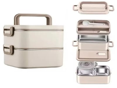 Luxe Lunchbox 2000 ml - Klein - RVS - Binnenbak voor Warm en Koud – Lekvrij en Vaatwasserbestendig – Broodtrommel - Vershoudbak - Inclusief Lepel – Beige/Taupe – Voor Werk en Onderweg