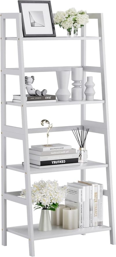 “Ladderplank Boekenrek met 4 Niveaus – Vrijstaand Bamboe Opbergrek voor Badkamer, Woonkamer, Kantoor of Slaapkamer – Wit”