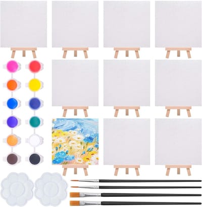 Thijox - 10 Stuks Mini-canvas en Schildersezelset 15x15 cm met 15x8 cm Schildersezels, Inclusief 12 Kleuren Acrylverf, 4 Penselen, 2 Paletten - Perfec
