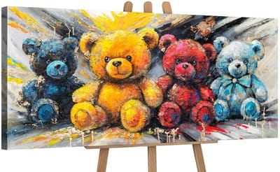 Canvas schilderij panoramisch 115x50 handgeschilderd kleurrijke beertjes dier – YS-Art Gallery – Vrolijke wanddecoratie voor woonkamer – Schilderij voor kinderkamer en hal