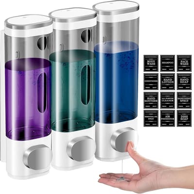 Famanu – Wandgemonteerde zeepdispenser met 3 vakken, zonder boren, voor shampoo en vloeibare zeep