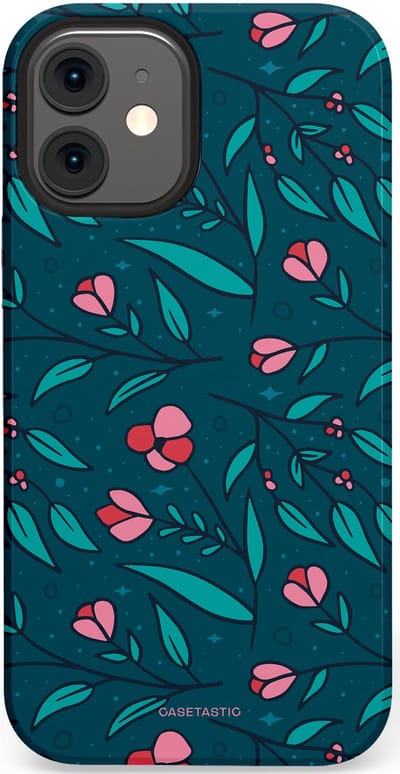 Casetastic hoesje geschikt voor Apple iPhone 12 Mini - Dubbellaagse bescherming - Blauwe Groene Bloemenpracht - Fashion Case - Petrol Donkergrijs