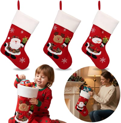 ROOD, sok voor cadeautjes, KERSTSOK van de kerstman, decoratief voor op de schoorsteenmantel GROOT 40 cm - set 3 stuks