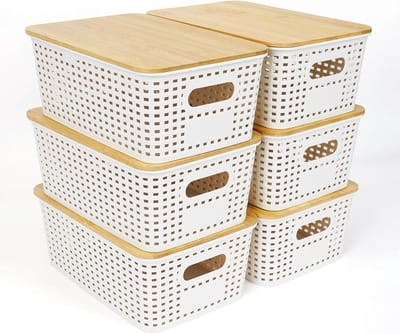 Famanu – Set van 6 kunststof opbergmanden met bamboedeksel – Stapelbare keukenorganizers – Wit