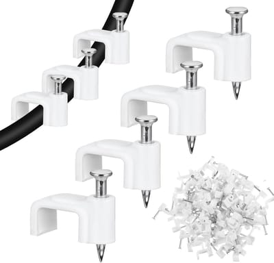 Famanu – Set van 100 witte kabelclips - 10 mm - inclusief bevestigingsnagels van staal - duurzaam en stevig materiaal - geschikt voor ethernet- en coaxkabels - ideaal voor thuis en kantoor