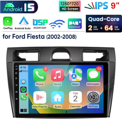 Junsun Android 15 Autoradio Geschikt Voor Ford Fiesta 2002-2008 - Draadloze CarPlay & Andriod Auto - Bluetooth - GPS Navigatiesytem - 9-inch HD Touchscreen - WIFI - FM - RDS - Quad-core processor