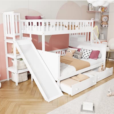 Sweiko Stapelbed - 90×200/140×200 cm - Met glijbaan - 2 lades - Opbergplank - Wit