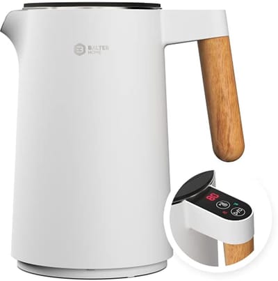 BALTER Roestvrijstalen waterkoker met temperatuurinstelling, 45 °C - 100 °C, dubbele wand, BPA-vrij, stil en draadloos, warmhoudfunctie, theekoker met temperatuurweergave, 1,5 l, 2200 W, wit