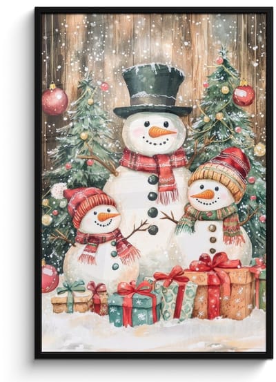 Poster in lijst - Fotolijst 80x120 cm - Posters - Sneeuwpop - Familie - Kleurrijk - Posterlijst zwart - Decoratie - Wanddecoratie woonkamer - Muurdecoratie slaapkamer