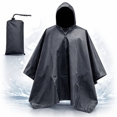 Regenponcho Volwassenen Zwart - Waterdichte Poncho Voor Fietsen, Wandelen En Outdoor - 210T Ripstop Polyester - Met Capuchon En Opbergtas - 220x150 cm