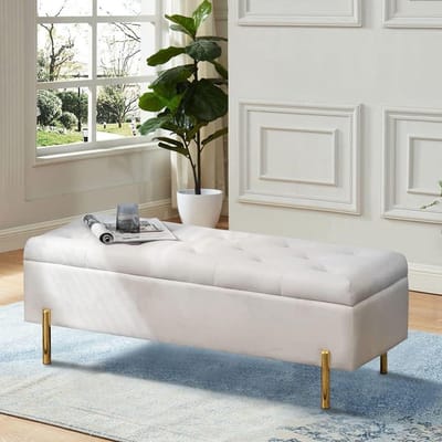 Andeworld Ottoman with Storage Bench, Modern Velvet Upholstered Rectangular Tufted Footstool Bench, Large Storage Bench for Bedroom, Living Room, Entrance (Ivory)