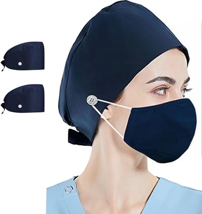 Set van 2 Verstelbare Scrub Caps met Knopen - Zachte Katoenen Chirurgische Hoeden, Ademend en Zweetabsorberend, Unisex, Donkerblauw