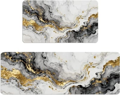 Set van 2 Keukenmatten in Marmer Design - Irregulaire Boho Tapijten voor Badkamer en Keuken, Antislip, Ideaal voor Hal en Vloerdecoratie, 43 x 76 x 120 cm in Goud en Zwart